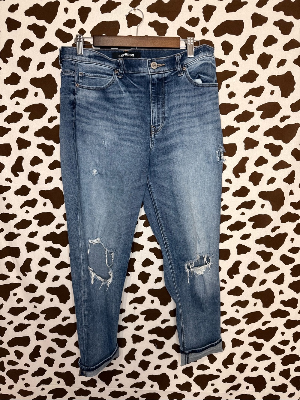 Express Women 8 Blue Medium Wash High Rise Distressed Girlfriend 5-Pocket
